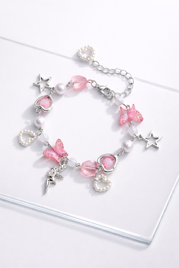 Pink Butterfly Figured Pearl Detailed Charm Bracelet