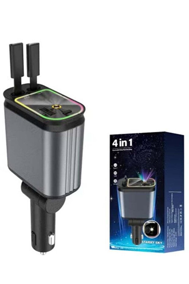 4 in 1 Retractable Starry Stars Proof Car Charger, Retractable Car Charger with Star Projector & LED