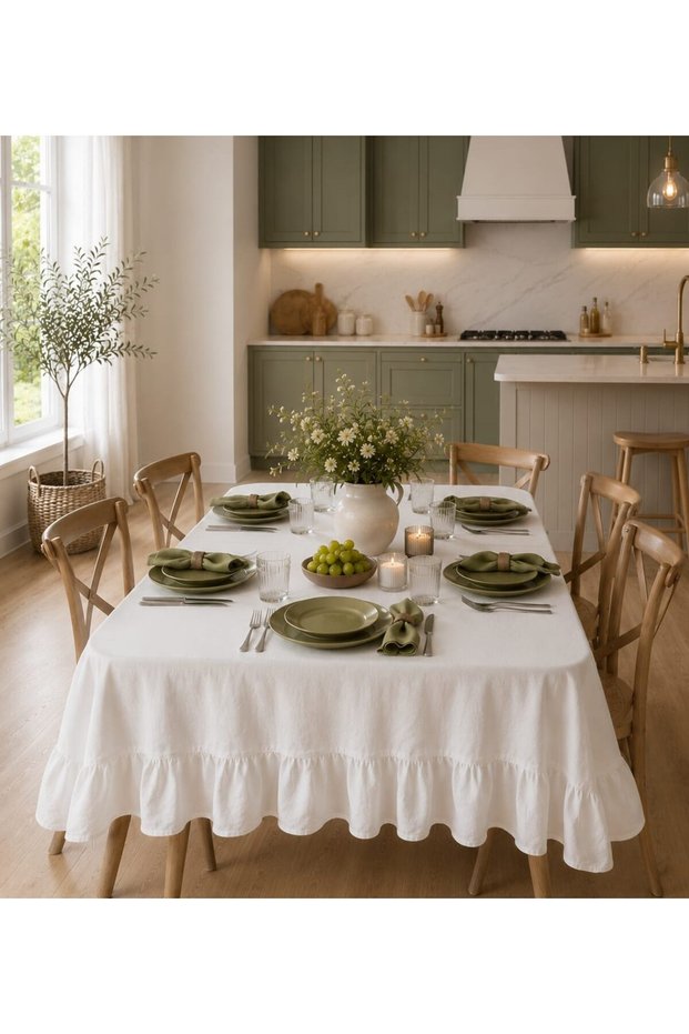 Vintage White Linen Ruffled Tablecloth