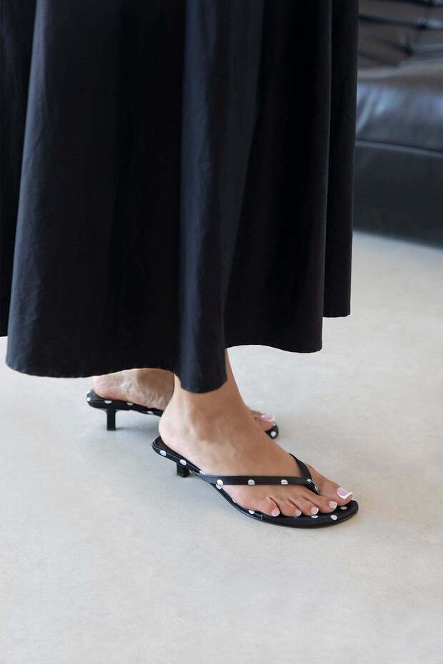 Ruiz Women's Heeled Flip-Flop Satin Sandals Black Polka Dot