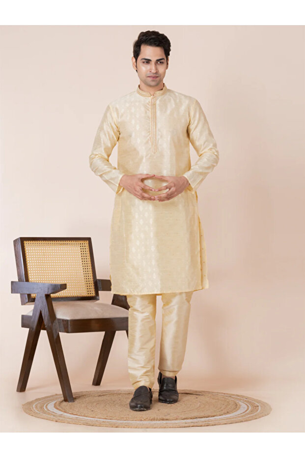 Mens Self Design Jacquard Silk Kurta Set