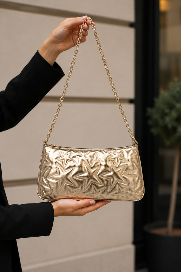 Star Embroidered Chain Strap Gold Women's Shoulder Bag