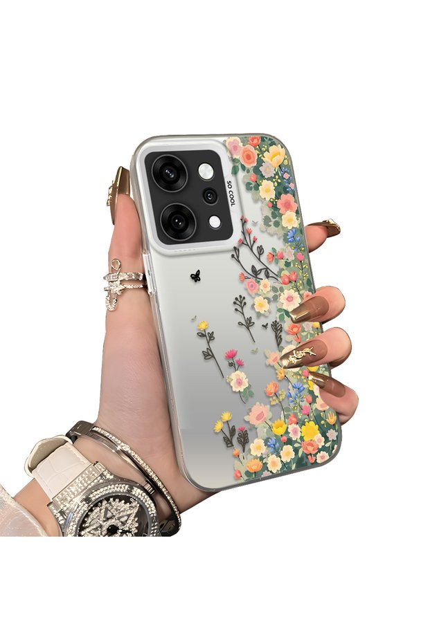 Oppo Reno 14 Pro 5g Compatible Silicone Edge Hard Back Case Couple Phone Case with Floral Pattern