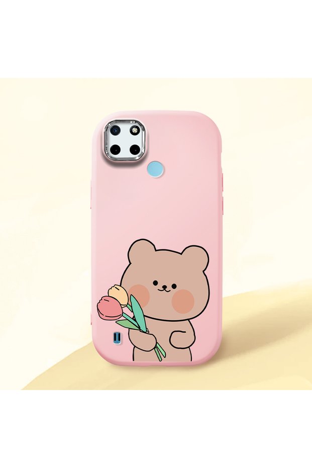 Realme C21Y Compatible Case with Camera Protection Pink Silicone Couple Phone Case with Teddy Bear Pattern