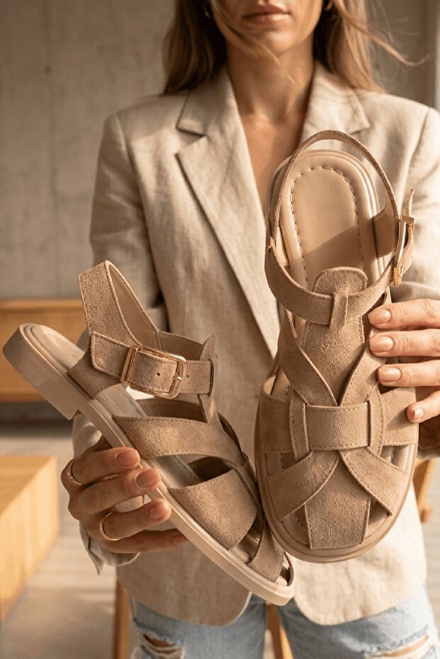 Denis Women's Beige Suede Ankle Strap Buckle Casual Sandals