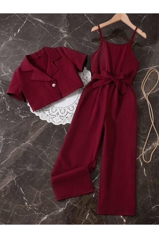 Burgundy Color Jacket, Snap Fastening Sports Overalls, Pants, 2-Piece Combination