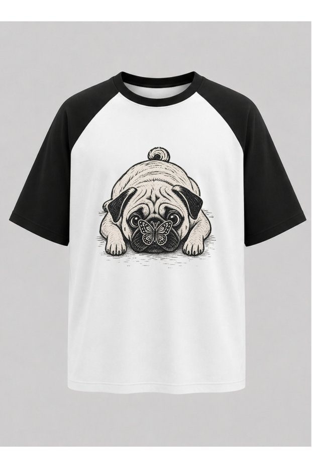 Pug Dog Raglan Sleeve Unisex T-Shirt | Minimal Animal Print