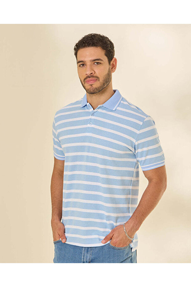 Men Blue And White Striped Polo T Shirt