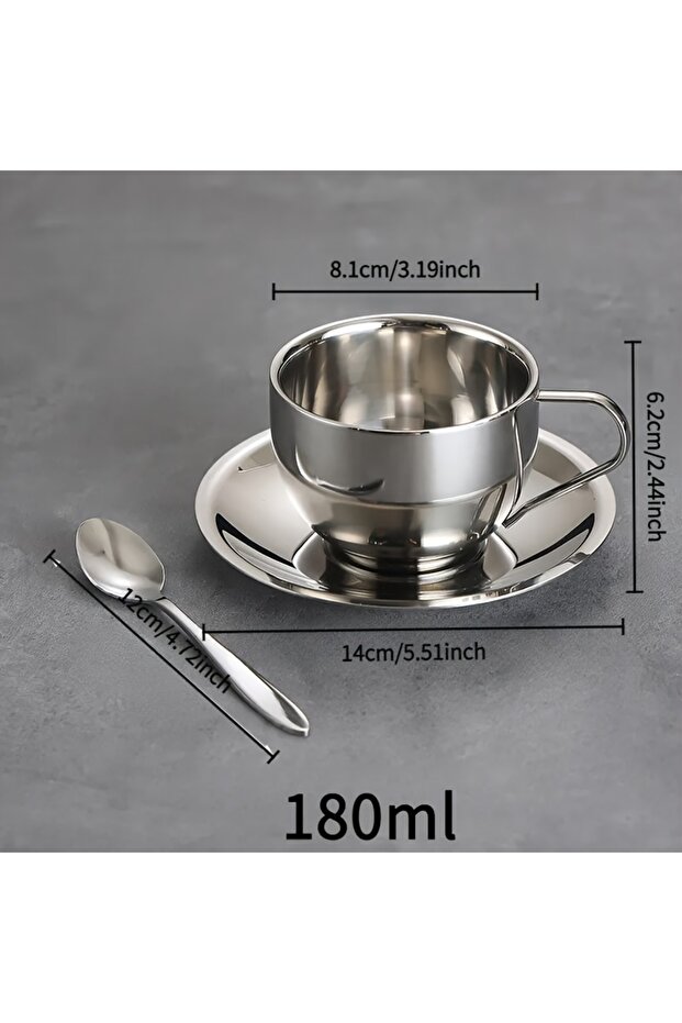 180ml 1 Set of 304 Stainless Steel Tea Cup Set with Spoon and Saucer, Coffee Cup and Tea Cup, Suitab