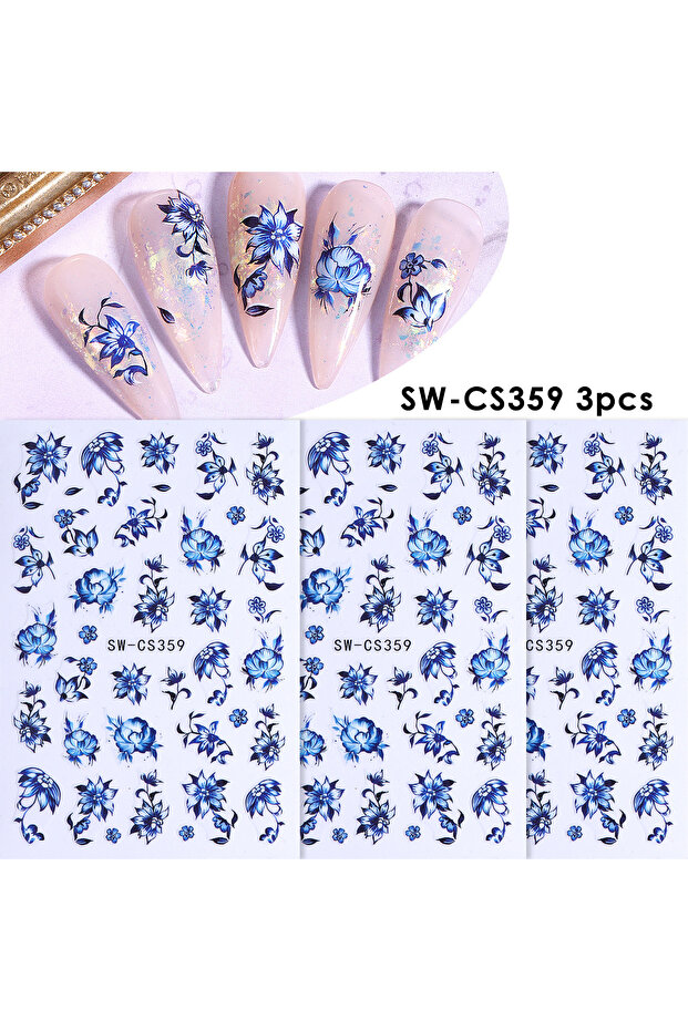 SW-CS359 3pcs 3pcs Blue and White Porcelain Design Nail Stickers Elegant Classical Chinese Style Dec