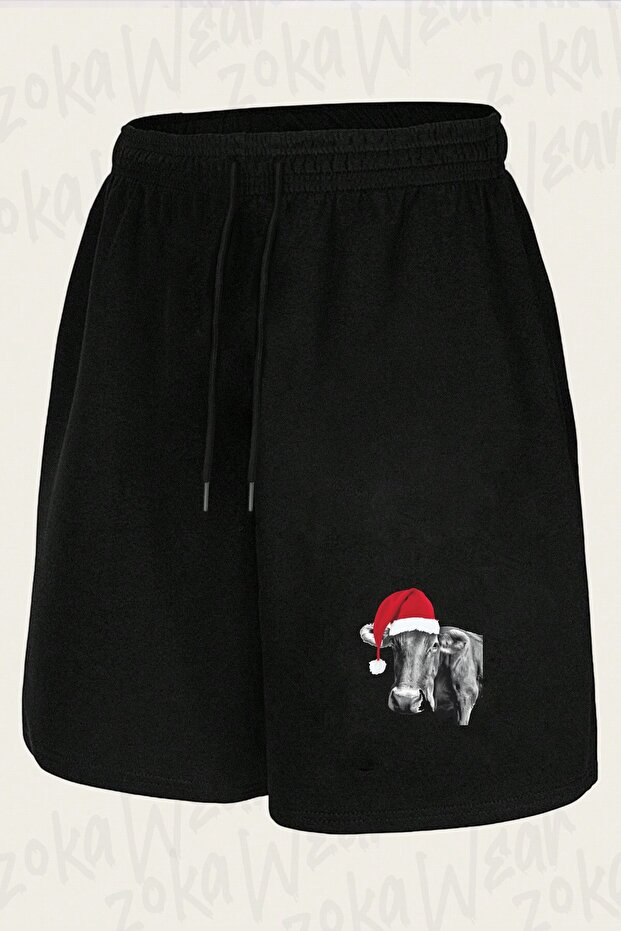 Unisex Christmas Hat Cow Themed Design Printed Shorts