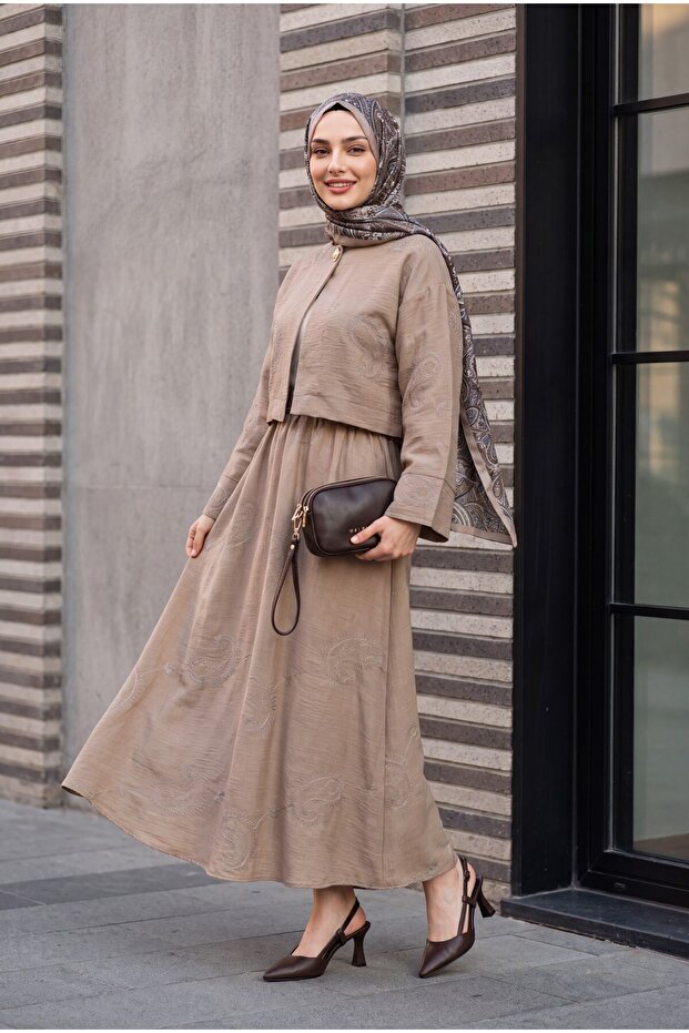 Single Button Embroidered Skirt Linen Look Suit - Mink