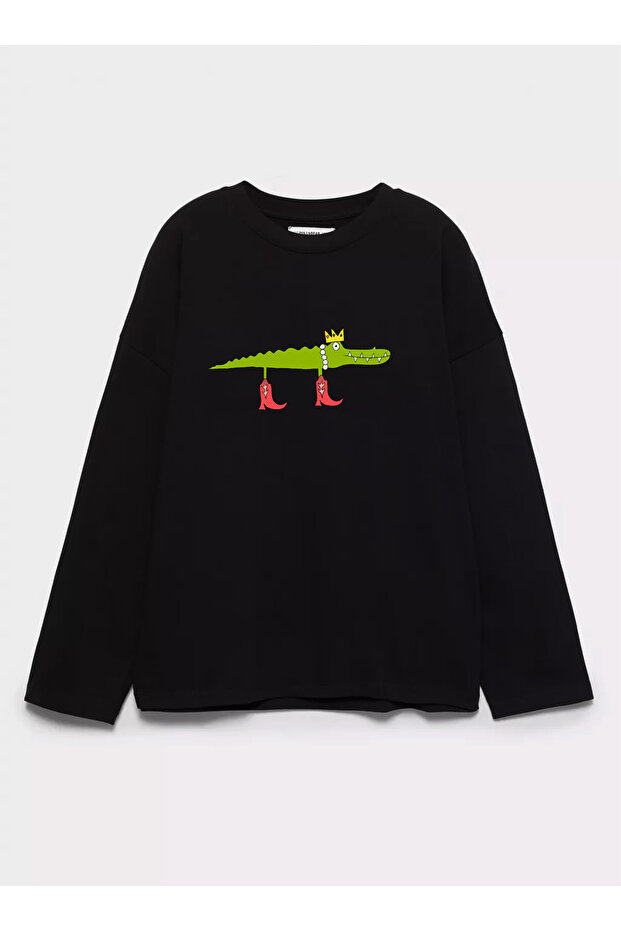 100% Cotton Oversize Fit Crocodile Printed - Crew Neck Long Sleeve T-Shirt