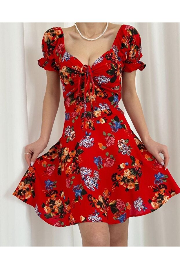 Red Square Collar Short Sleeve Floral Mini Summer Dress 581722