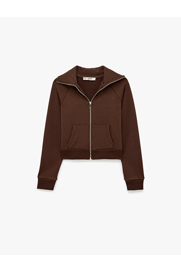 Cotton Long Sleeve Slim Fit Zippered Sweatshirt with Pocket Detail