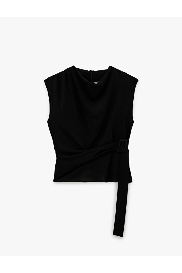 Aerobin Fabric Lightweight Degaje Collar Sleeveless Belted Blouse