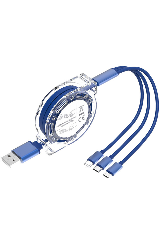 كابل بيانات USB قابل للسحب 3 في 1 باللون الأزرق بطول 1 متر لشحن هواتف آيفون وأندرويد بسرعة