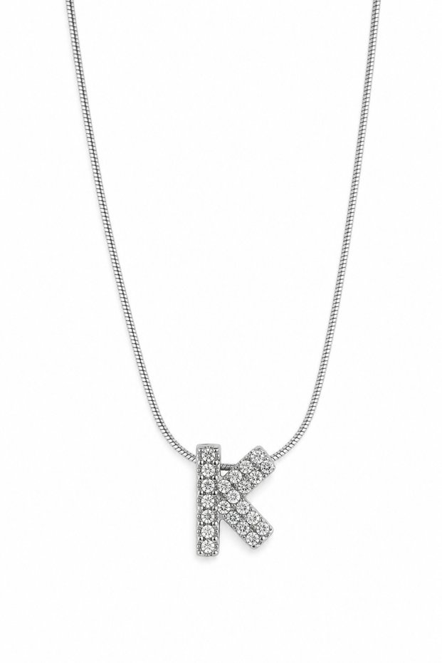 Gray Color Steel Necklace with Zircon Stone Letter K Detail - Stylish and Modern Design