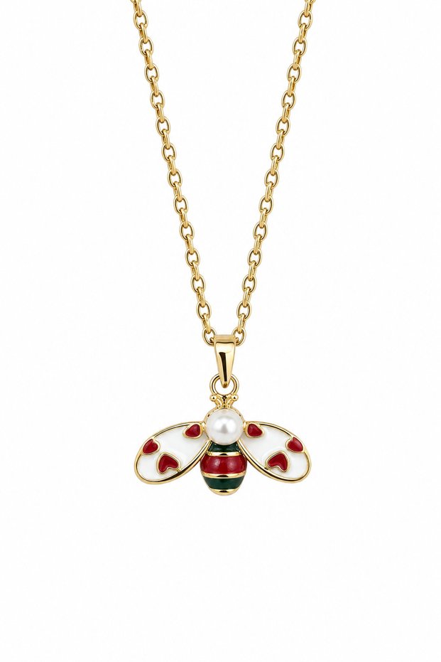 Yellow Tone Necklace with Bee Figure and Pearl Detail - Stylish and Elegant Design