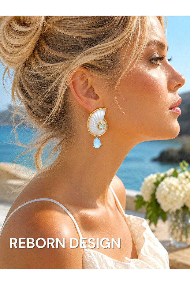 Sea Shell Figured Zircon Stone Gold Color Earrings