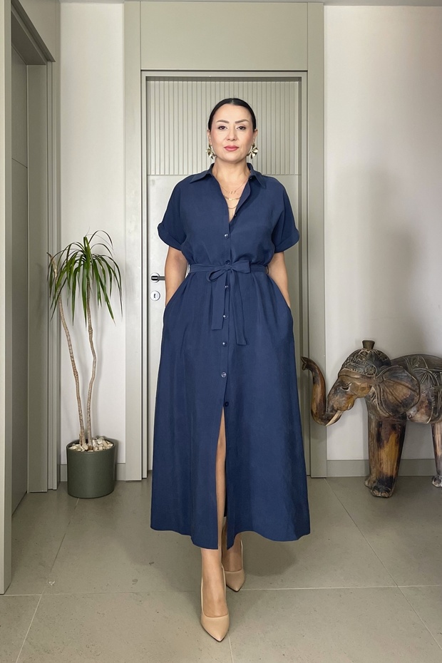 Beli Belted Soft Textured Pocketed Tiril Shirt Dress