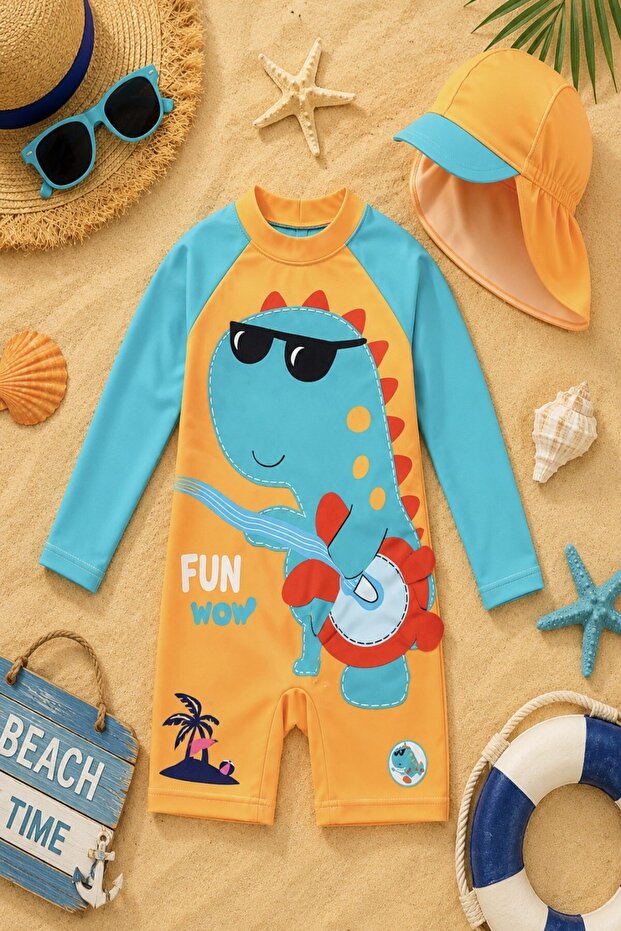 New Season Cute Character Printed Uv Protected Boneli Quick-Drying Feature Boys' Long Sleeve Swimsuit