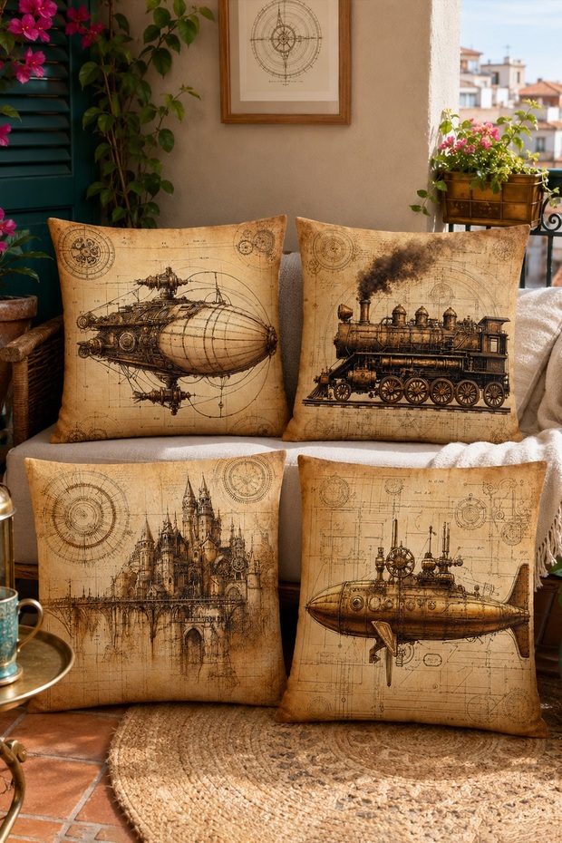 Old World Machinery Patterned 4-Piece Throw Pillow Cover Set