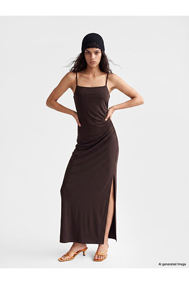 Xside Brown Square Neck Rope Strap Slit Dress