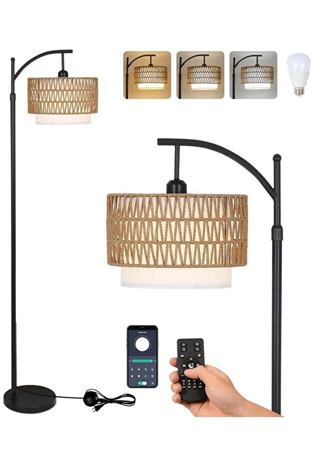 Arc Floor Lamp, 3 Color Temperatures, Dimmable, Remote, Rattan & Fabric Shades, Adjustable Height
