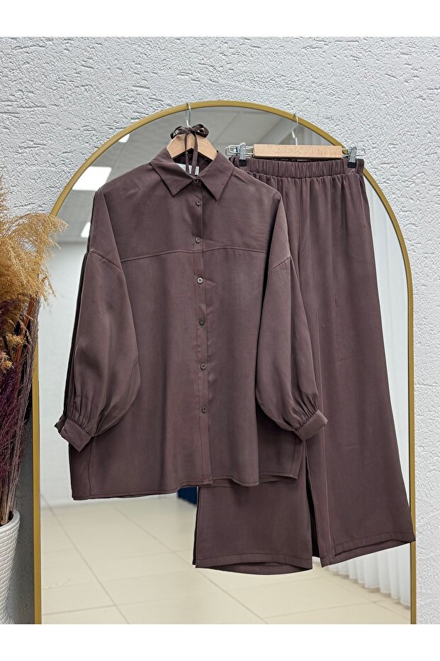 Aliye Low Sleeve Oversize قماش مودال طقم كوبرا مع بنطلون -EK480.2 بني