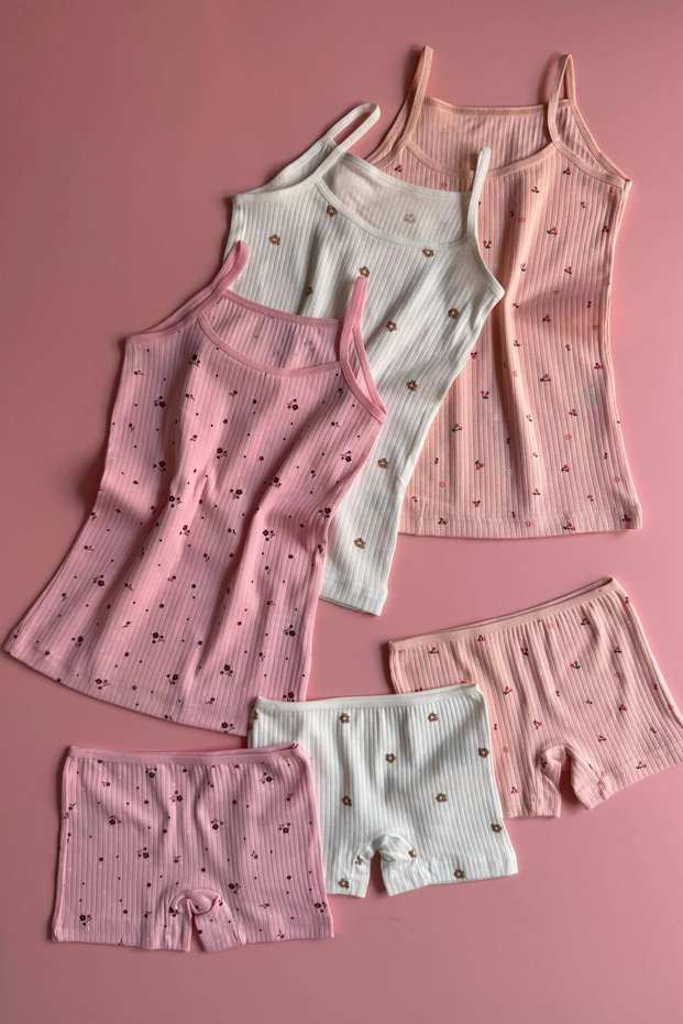 Flora Moon | 3-Piece Set of Girls' Undershirts and Shorts in Powder, Pink, and Ecru Colors with Cotton Ribbed Straps, Natural and Skin-Friendly