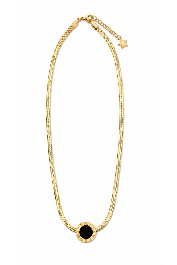 Roman Numeral Black Stone Detailed Gold Color Snake Chain Stainless Steel Women's Necklace