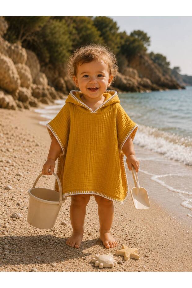Baby / Child Poncho / 4 Layers with Shepherd Stitch & Muslin - Mustard