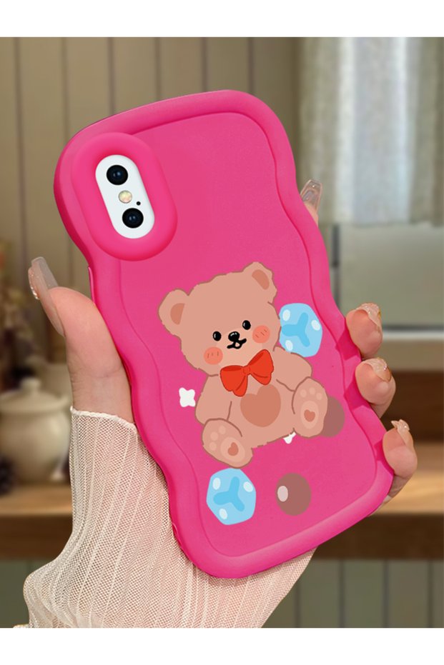 iPhone X Compatible Case with Camera Protector Red Silicone Couple Phone Case Bear Pattern