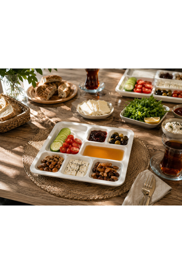 2 Pcs 7-Compartment Square Porcelain Breakfast Plate and Sauce Bowl - Heat and Scratch Resistant Luxury Serving Dish
