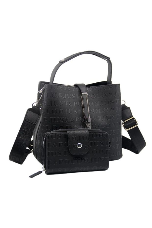 Women's Wallet and Shoulder Bag Combination with Lock Detail in Black-Tan