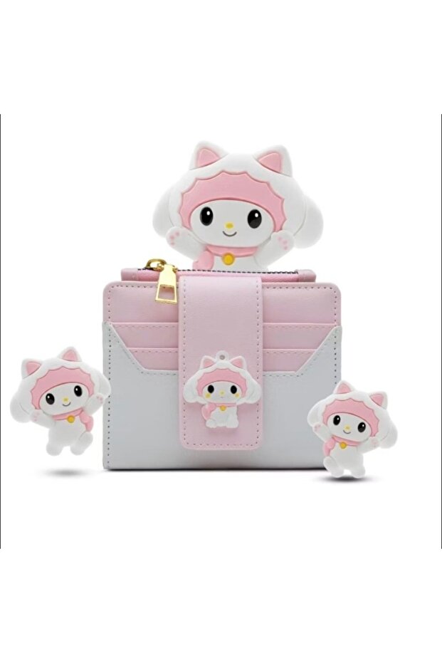 Cute Pink Rabbit My Melody Patterned Zippered Women's Card Holder Wallet with Credit Card and Coin Compartments