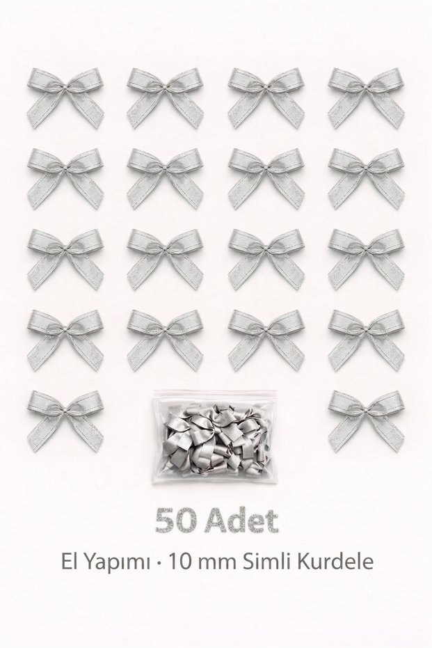 Silver-Silver Glitter Satin Bow – 10 mm Decoration, New Year, Wedding Favors, Gift, Dowry Ornament, Balloon Ornament 50 Pieces