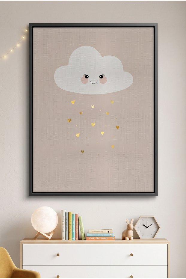 Smiling Cloud Gold Rain Kids Wall Art | Portrait Framed Canvas Print with Gold Foil Embossed | Luxury Islamic Decor for Kids Room