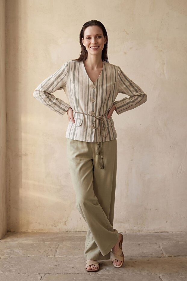 My Fashion Striped Belted Poplin Jacket