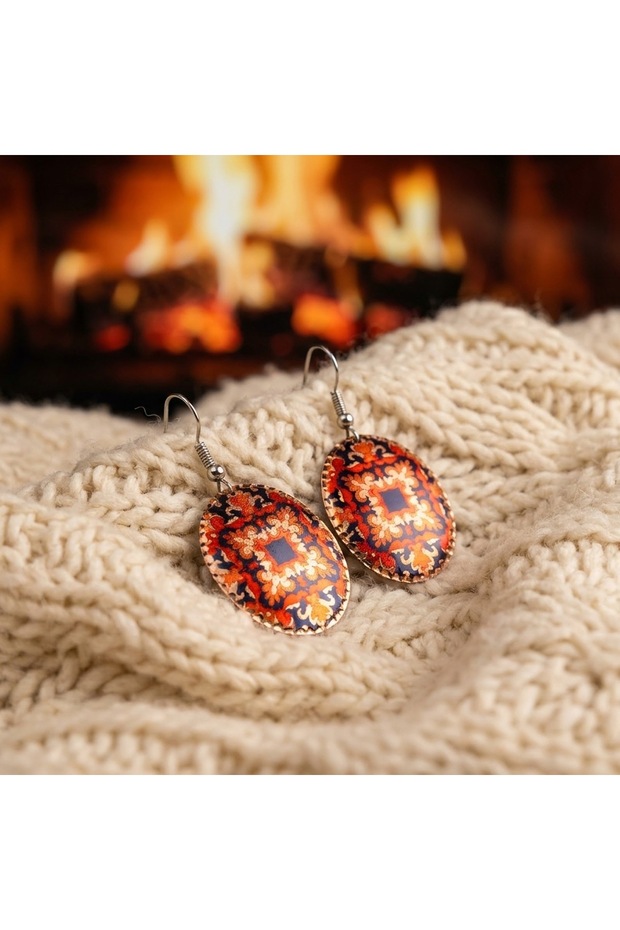 Copper Orange Red Flower Pattern Dangle Earrings | 100% Handmade Copper 712