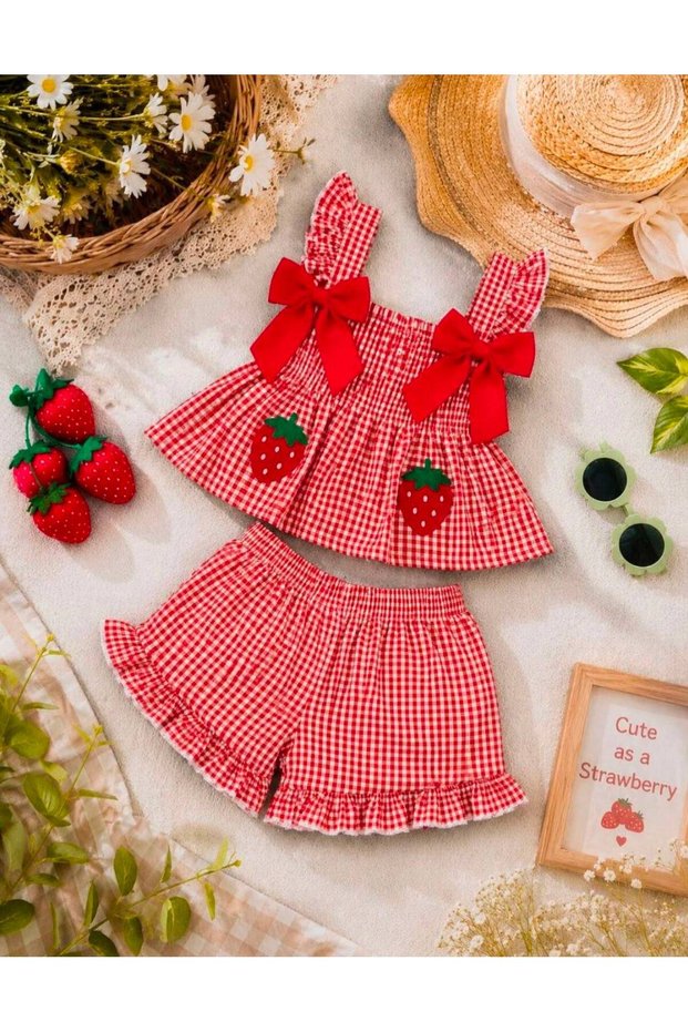 Baby Girl/Kids Gingham Strawberry Appliqué Shorts Set of 2 – Ruffled Summer Cotton Set with Straps