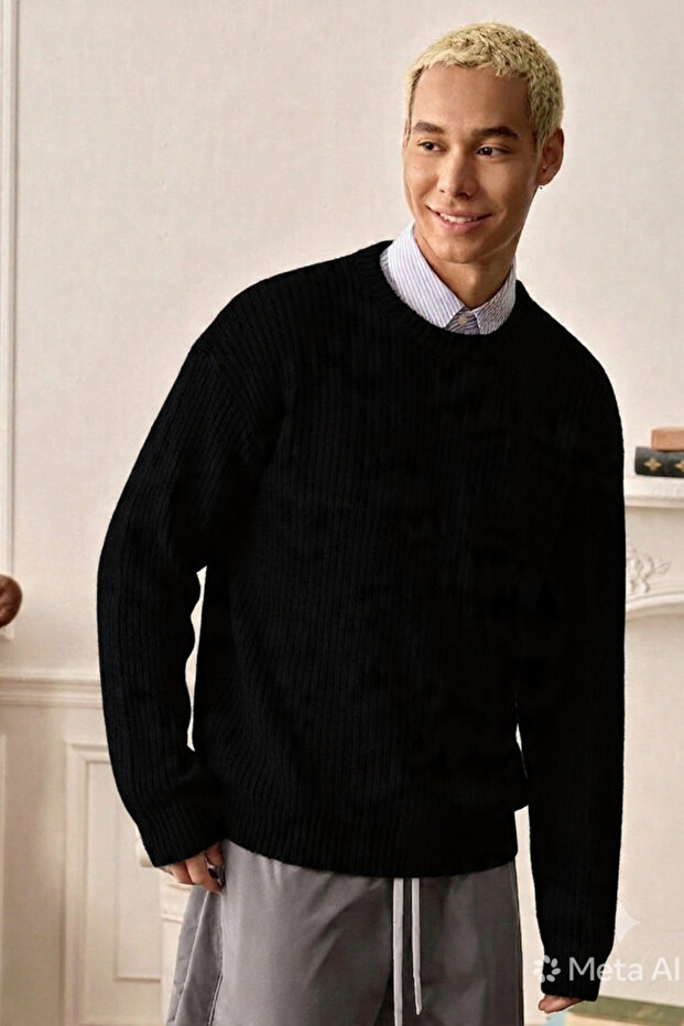 Men's Crew Neck Ribbed Knit Acrylic Cotton Sweater