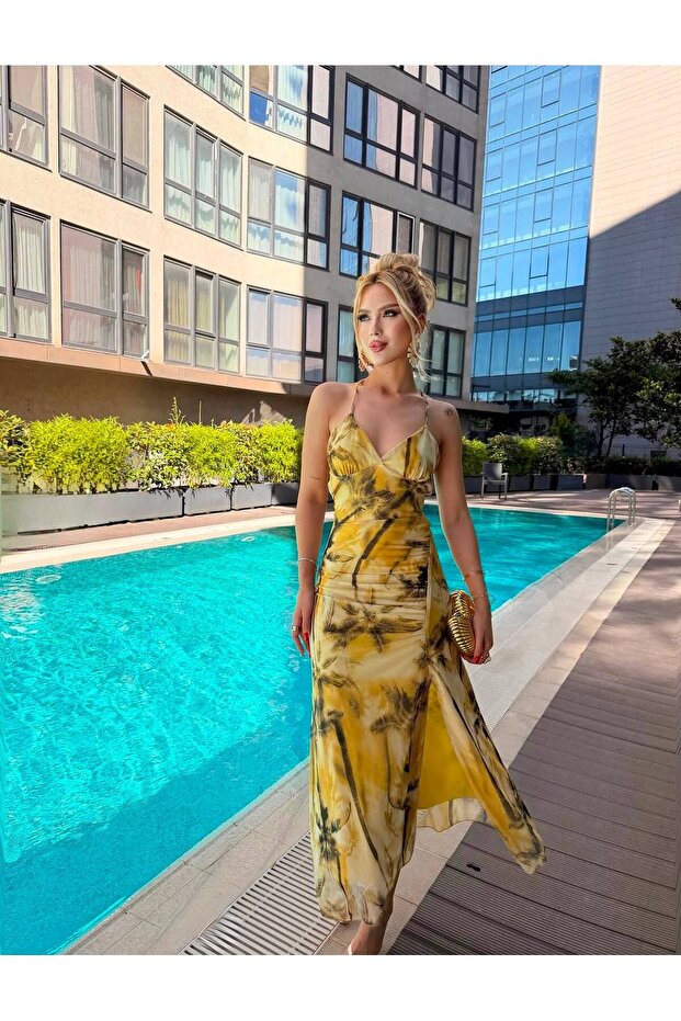 Palm Tree Patterned Strappy Double Breasted Collar Slit Women's Dress