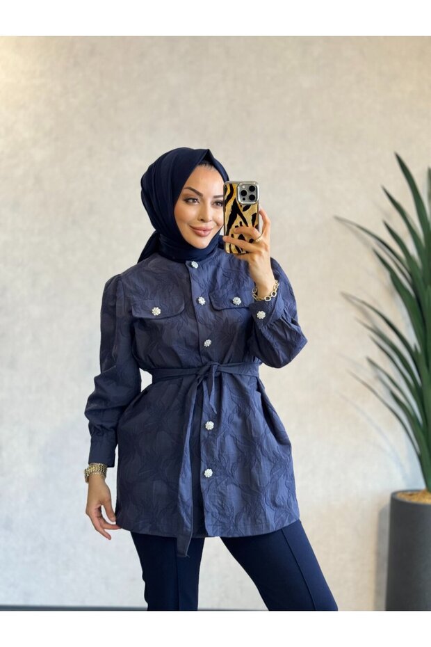 3485 سترة منقوشة باللون النيلي - 1