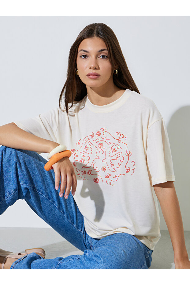 Cream Graphic Crew Neck T-Shirt