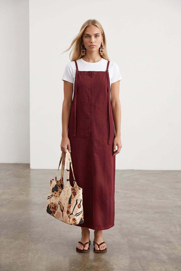 Women's Burgundy Adjustable Strap Long Jean Dress Alc-X15573