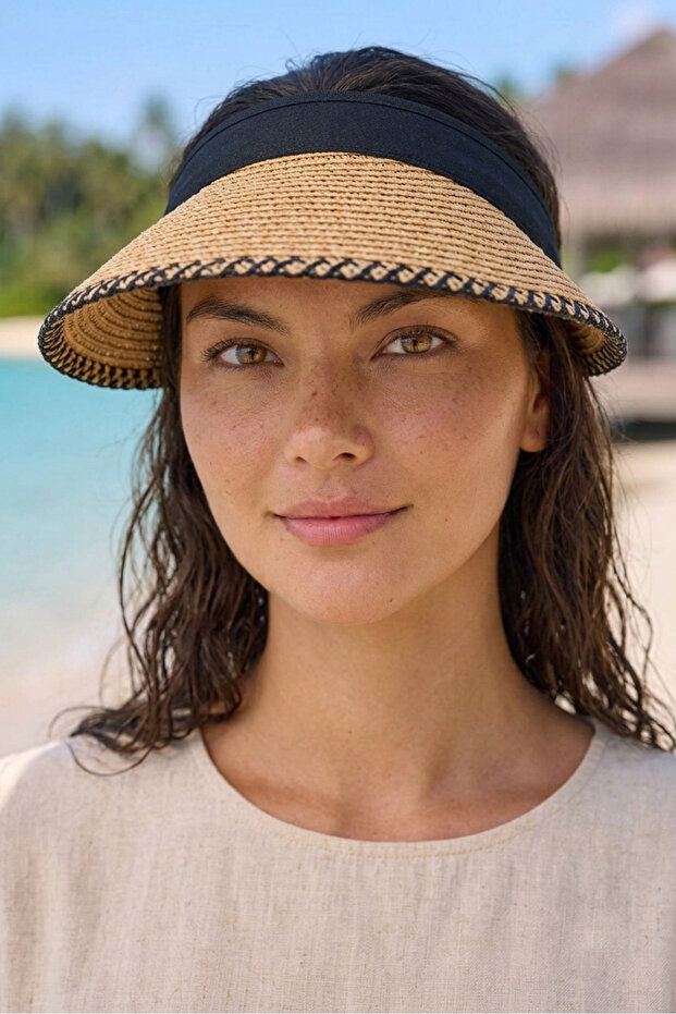 Cream Straw Visor Hat with Zigzag Detail | Hsr2604-2