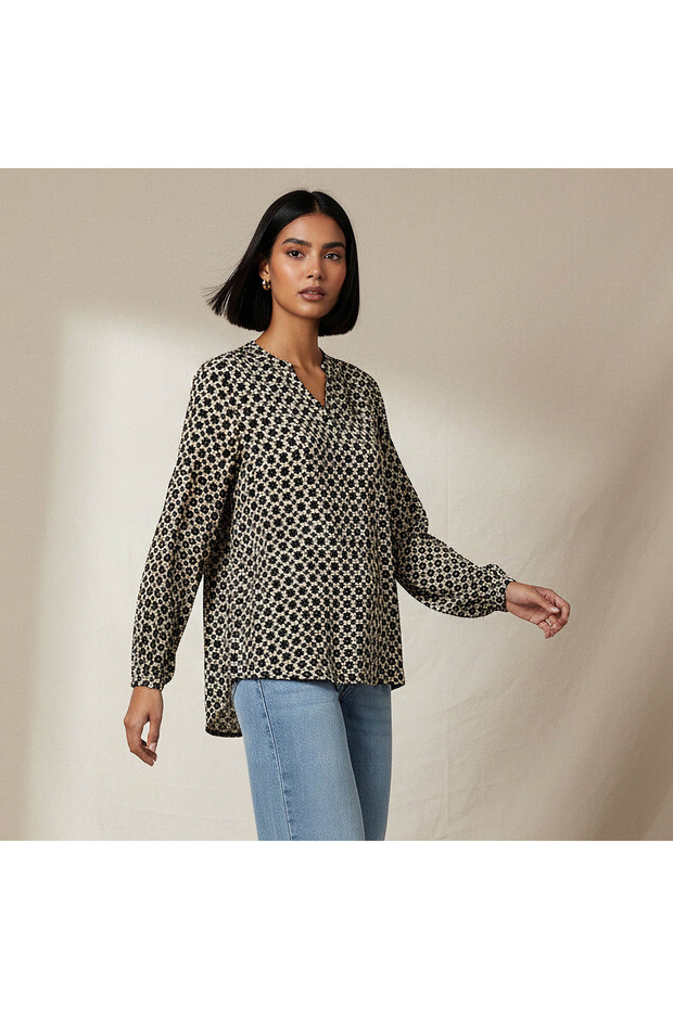 Regular Fit Viscose Mandarin Neck Top with Geometric Print
