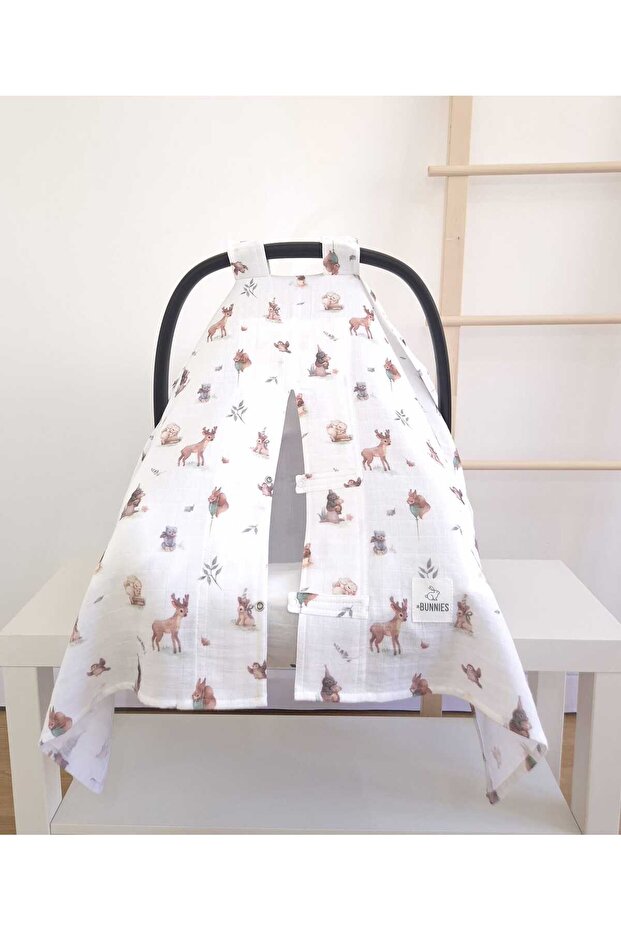 100% Cotton Muslin Stroller Cover 90X110 cm | Small Forest Patterned Sun and Wind Protection Cover with Snap Fasteners